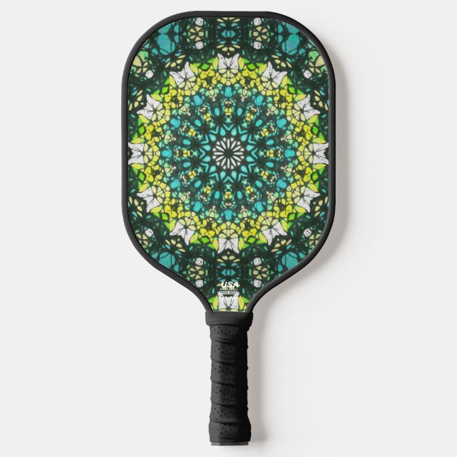Salad Spinner – Green Yellow Mandala Pattern Pickleball Paddle (Front)