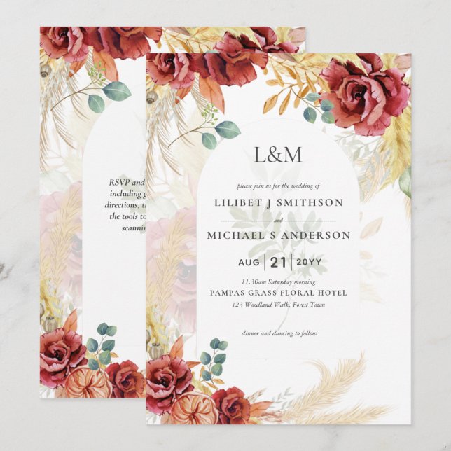 SALE! Boho Burgundy Gold Floral Country Barn Farm Invitation (Front/Back)