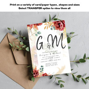 SALE! Boho Burgundy Gold Floral Country Barn Farm Invitation