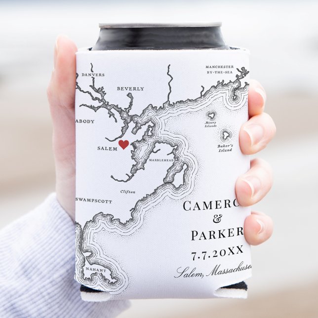 Salem MA Map Elegant Black White Wedding Favour Can Cooler (Salem MA Coozie Wedding Favor Can Cooler in elegant black and white from Coastal Map Designs)