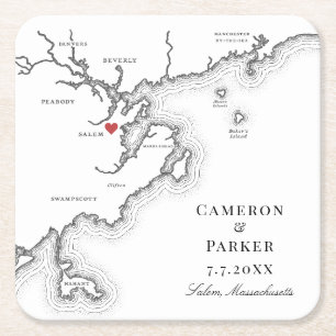 Salem MA Map Elegant Black White Wedding Favour Square Paper Coaster