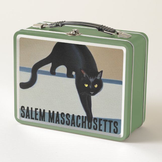Salem Mass Whimsical Black Cat  Metal Lunch Box 2 (Front)