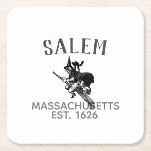 Salem Massachusetts halloween witch on broom & cat Square Paper Coaster