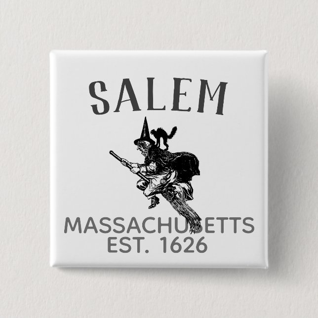 Salem Massachusetts witch on broom with cat 15 Cm Square Badge (Front)