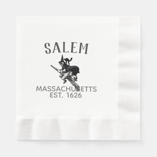 Salem Massachusetts witch on broom with cat Napkin (Front)