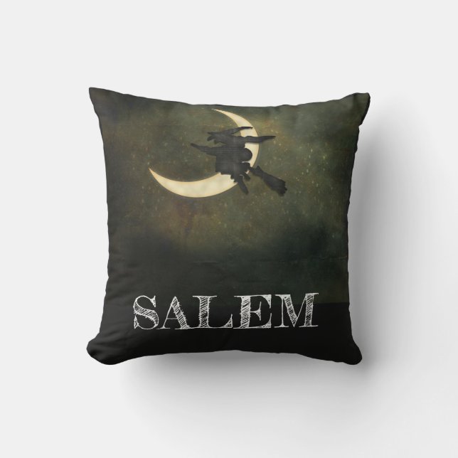 Salem Massachusetts Witch Over Moon Halloween Cushion (Front)
