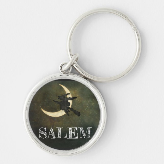Salem Massachusetts Witch Over Moon Halloween Key Ring (Front)