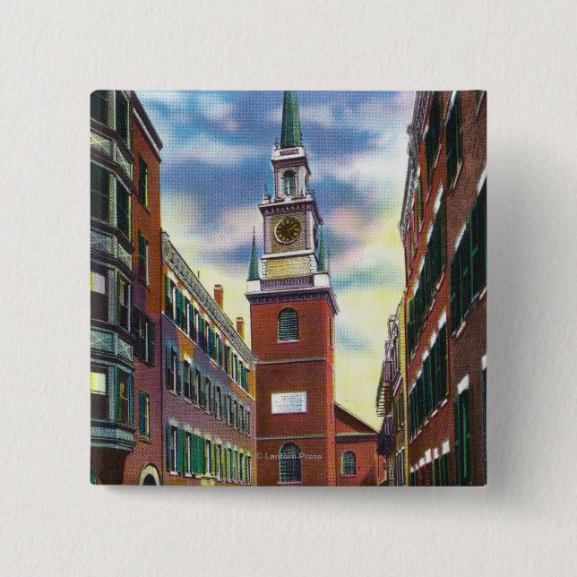 Salem Street View of Old North Church Bldg 15 Cm Square Badge (Front)