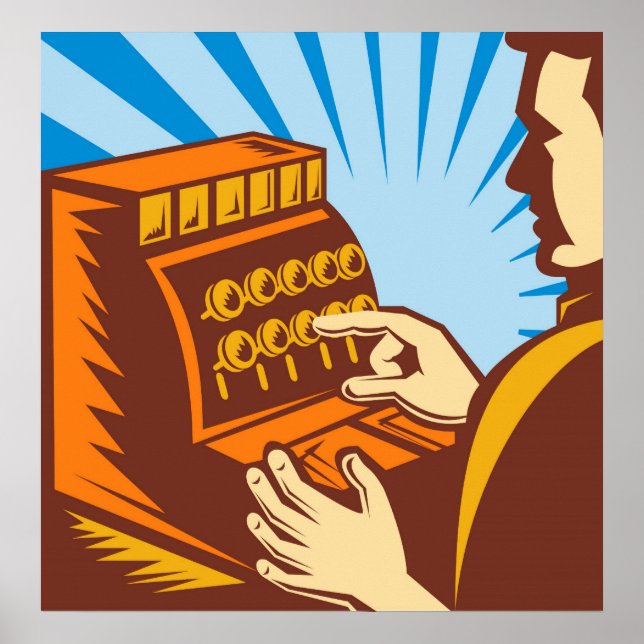 sales clerk with cash register wpa style poster (Front)