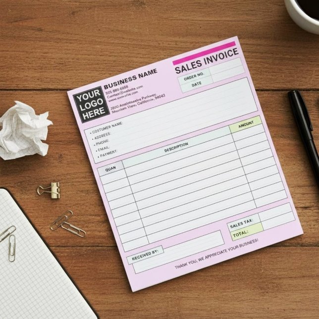 Sales Invoice Receipts | Pink Small Business Logo Notepad (seller receipt pad, customer purchase order book)