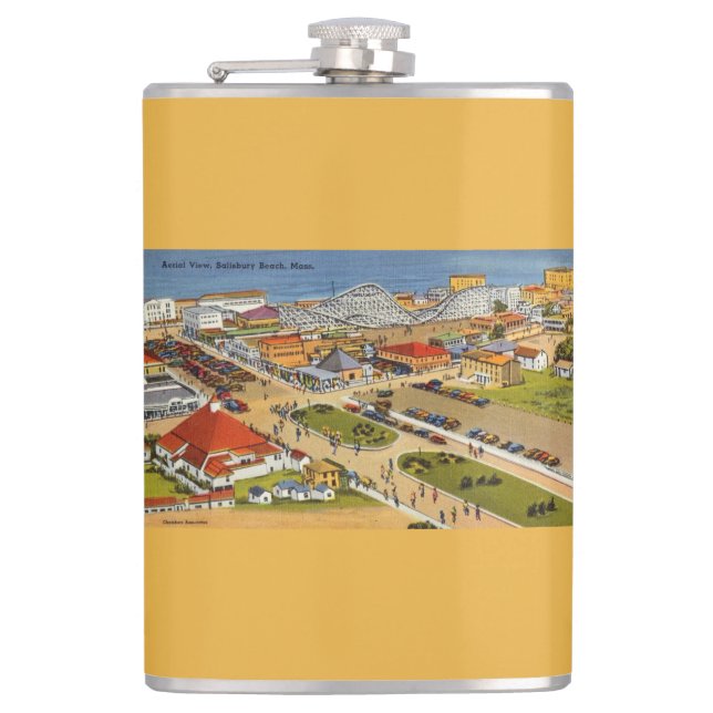 Salisbury Beach Vintage Postcard Hip Flask (Front)