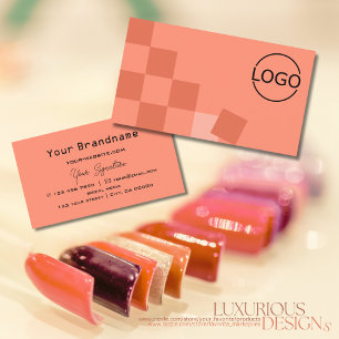 Salmon and Coral Chequered Modern with Logo Chic Business Card