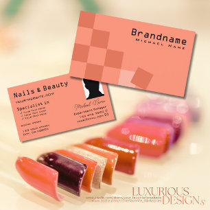 Salmon and Coral Chequered Modern with Photo Chic Business Card