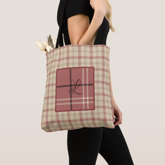 Salmon and Cream Plaid Elegant Tote Bag (Close Up)