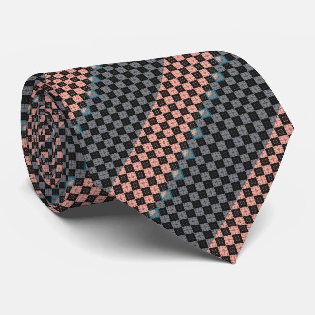 Salmon and Grey Diagonal Mini Argyle Diamond Tile Tie (Rolled)