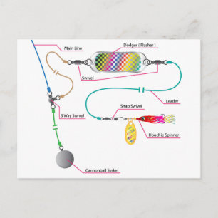 Salmon and saltwater trolling rig with a flasher postcard