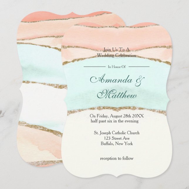 Salmon and Teal Gold Agate Wedding Invitations  (Front/Back)