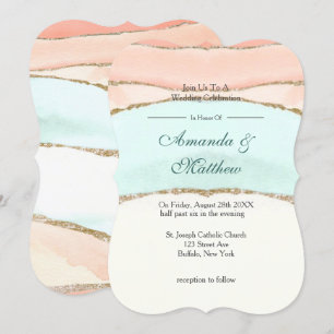 Salmon and Teal Gold Agate Wedding Invitations