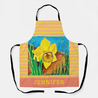 Salmon and Yellow Stripe Floral Apron
