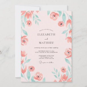 Salmon Aqua Foliage Eucalyptus Wedding Invitation