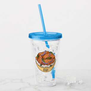 Salmon bagel cartoon illustration  acrylic tumbler