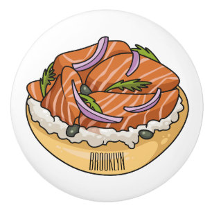 Salmon bagel cartoon illustration  ceramic knob