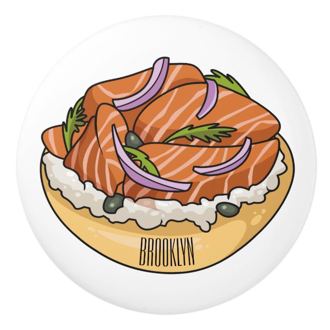 Salmon bagel cartoon illustration  ceramic knob (Front)