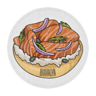 Salmon bagel cartoon illustration cutting board