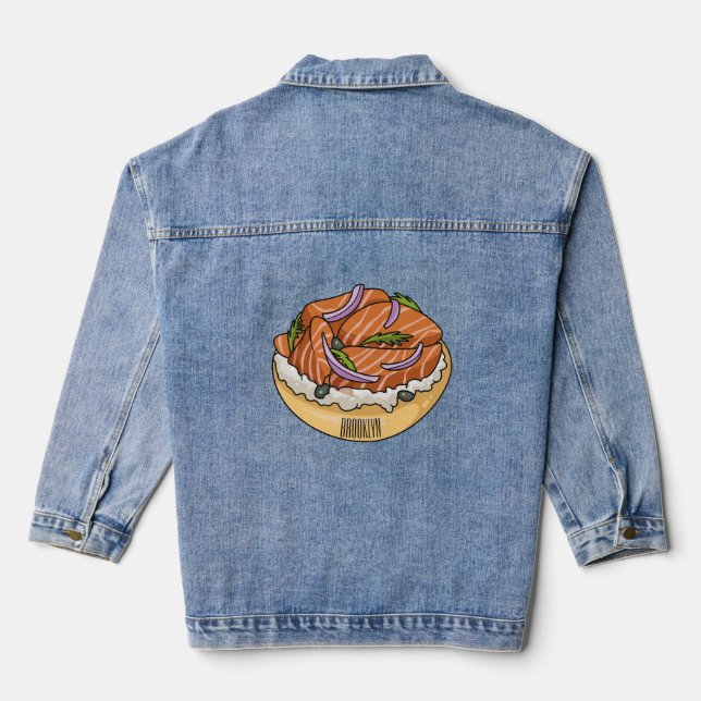 Salmon bagel cartoon illustration  denim jacket (Back)