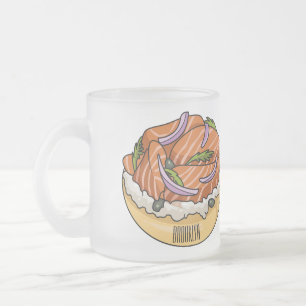 Salmon bagel cartoon illustration  frosted glass coffee mug