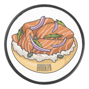 Salmon bagel cartoon illustration hockey puck