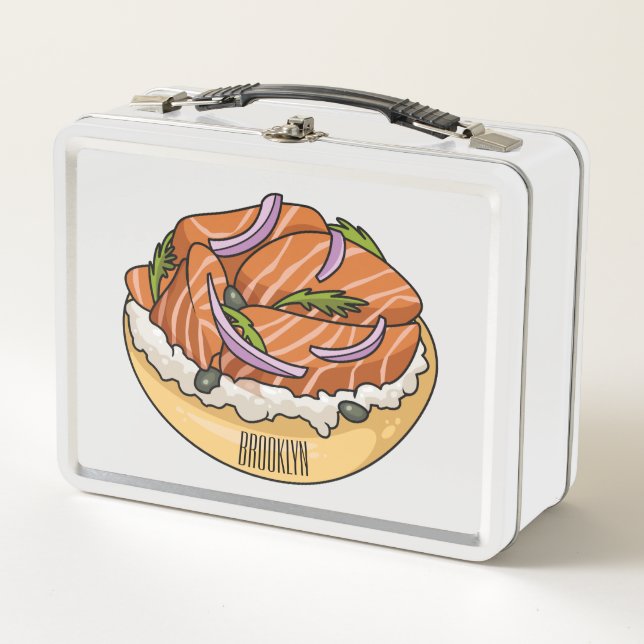 Salmon bagel cartoon illustration  metal lunch box (Front)