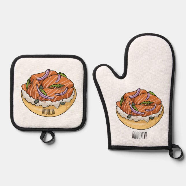 Salmon bagel cartoon illustration  oven mitt & pot holder set (Front)