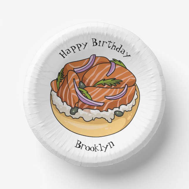 Salmon bagel cartoon illustration paper plate (Front)