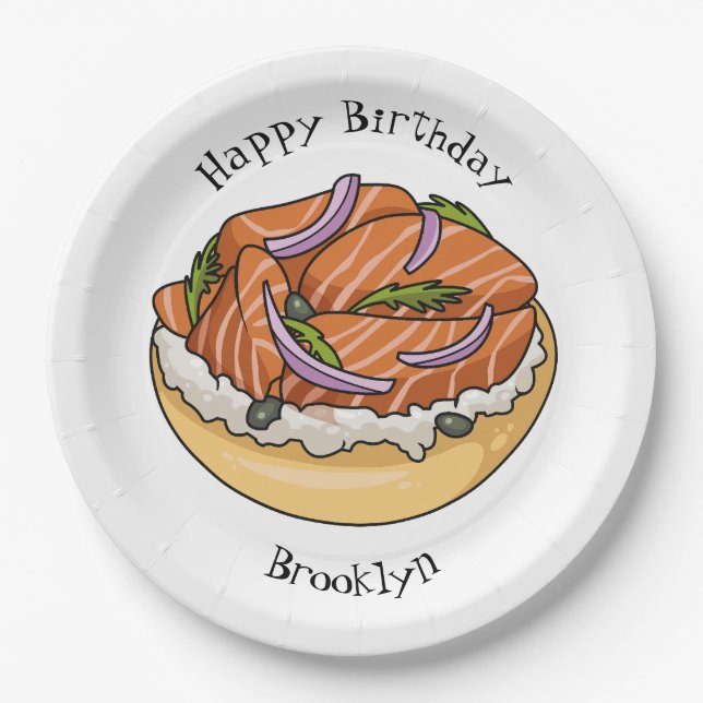 Salmon bagel cartoon illustration paper plate (Front)