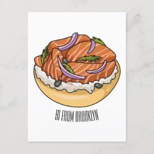 Salmon bagel cartoon illustration postcard