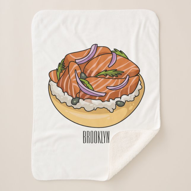 Salmon bagel cartoon illustration sherpa blanket (Front)