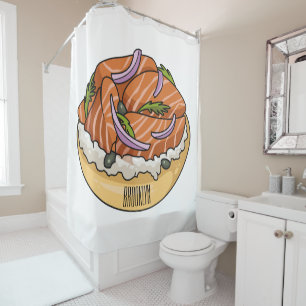 Salmon bagel cartoon illustration  shower curtain