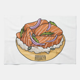 Salmon bagel cartoon illustration  tea towel