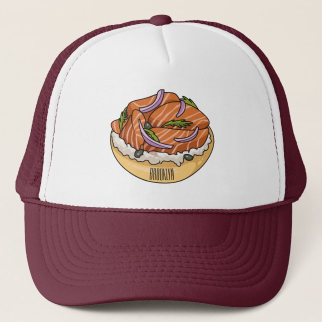 Salmon bagel cartoon illustration  trucker hat (Front)