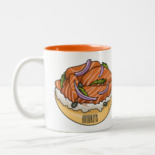 Salmon bagel cartoon illustration  Two-Tone coffee mug
