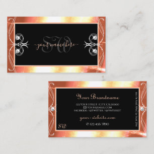 Salmon Black Sparkling Diamonds Initials Ornate Business Card
