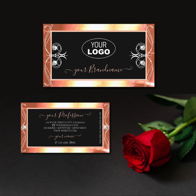 Salmon Black Sparkling Diamonds with Logo Ornate Business Card (Creator Uploaded)
