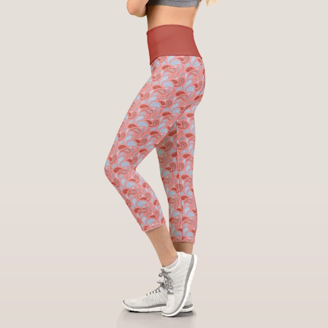 Salmon-Blue Paisley Pattern High Waisted Capris (Left)
