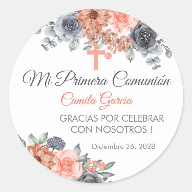 Salmon Coloured Flowers in Spanish First Communion Classic Round Sticker (Front)