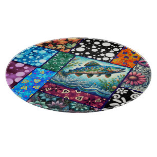 Salmon Crazy Quilt Floral Whimsical Colorful Cutting Board