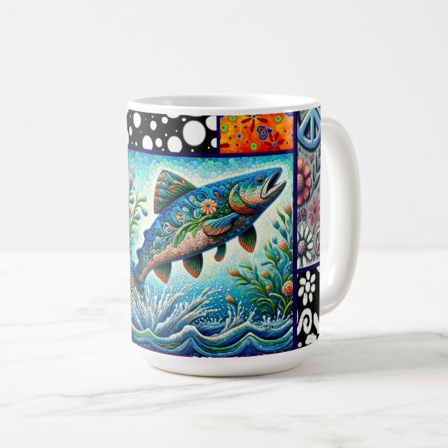 Salmon Crazy Quilt Floral Whimsical Colourful Coffee Mug (Front Right)