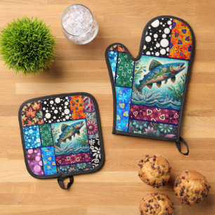 Salmon Crazy Quilt Floral Whimsical Colourful Oven Mitt & Pot Holder Set