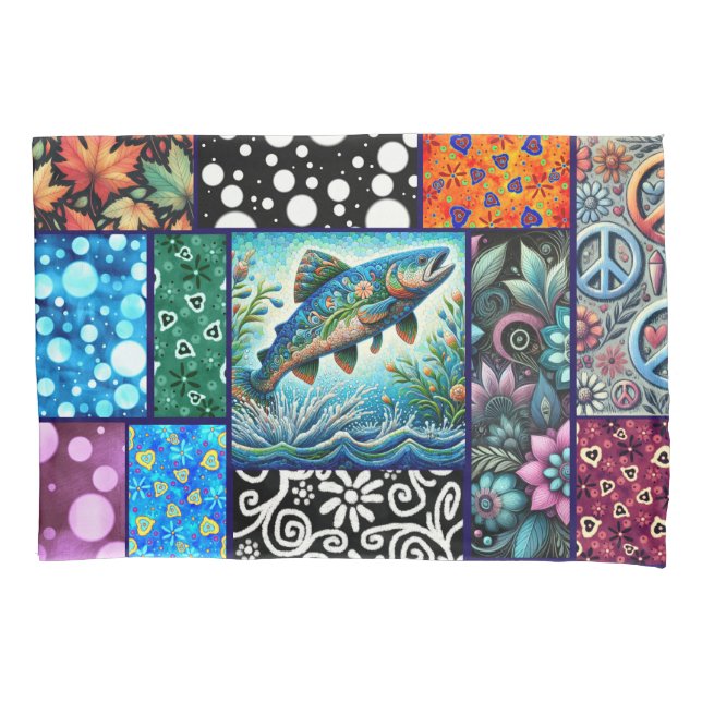Salmon Crazy Quilt Floral Whimsical Colourful Pillowcase (Front)