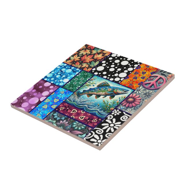 Salmon Crazy Quilt Floral Whimsical Colourful Tile (Side)